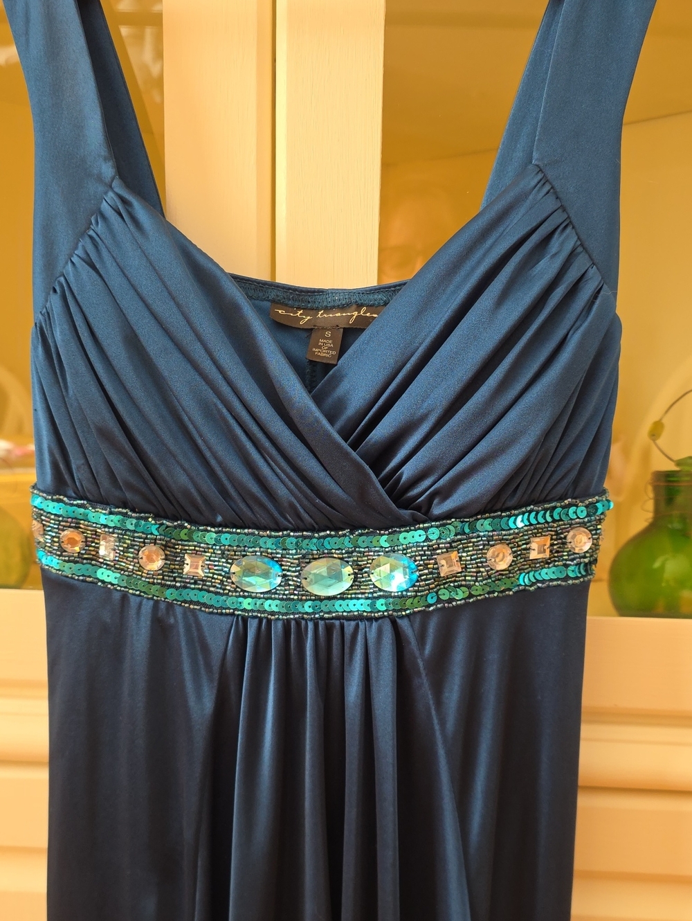 City Triangles Jewel-Accented Teal Evening Dress